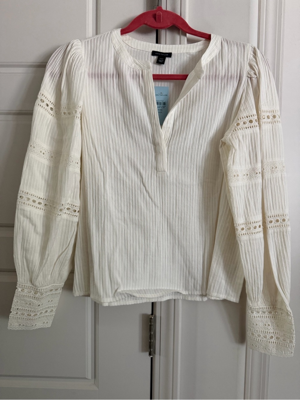 Ann Taylor Cream Eyelet-Trim Split-Neck Blouse